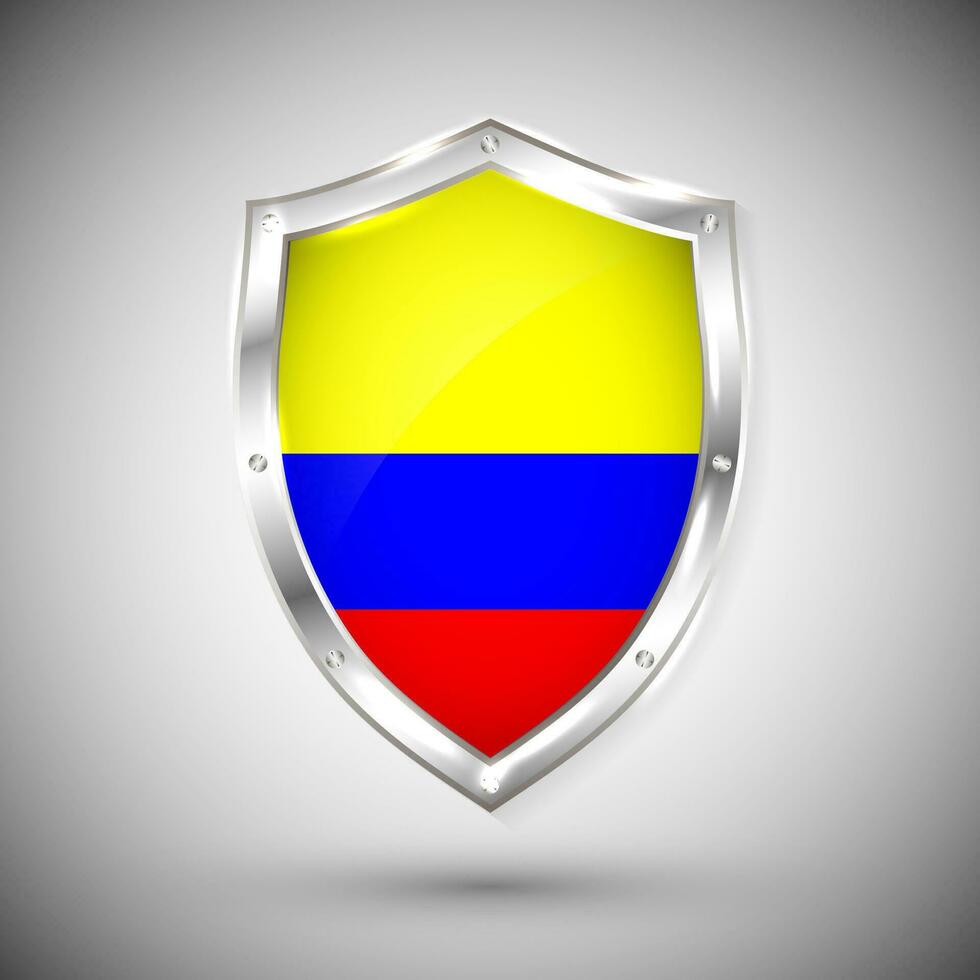 Colombia flag on metal shiny shield vector illustration. Collection of flags on shield against white background. Abstract isolated object