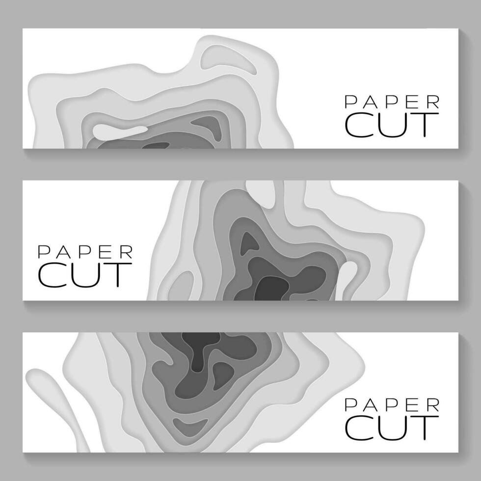 Horizontal banners with 3D abstract Paper background waves, holes. Paper carve background. Modern origami design template for banner, invitation, poster or web site design. Vector illustration.