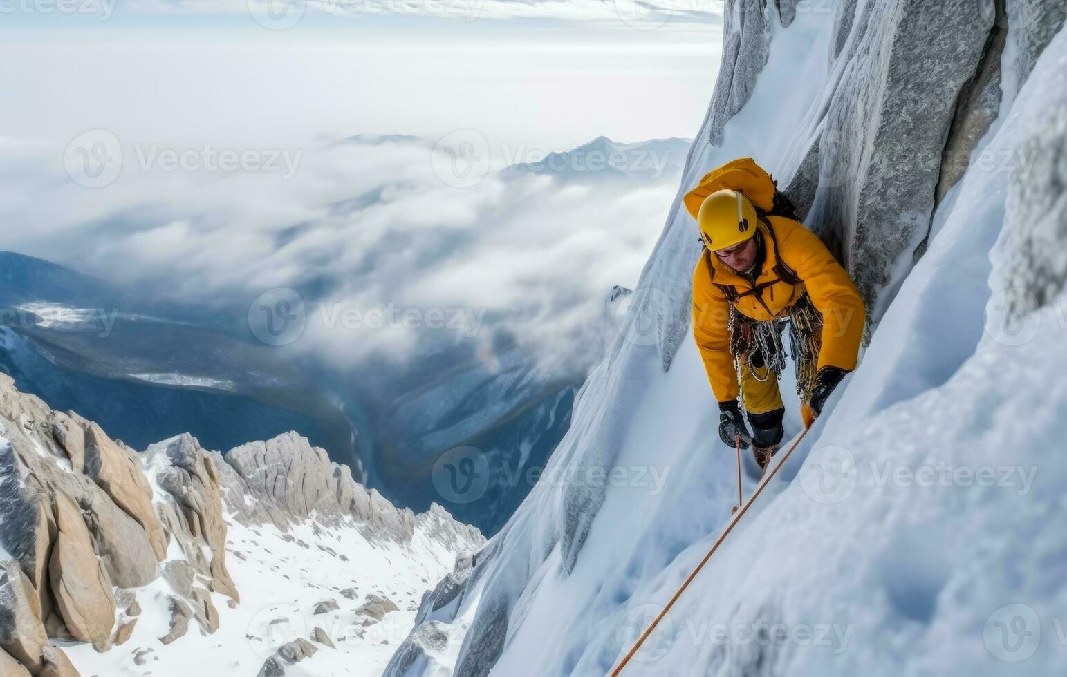 AI generated High-Altitude Thrill - Climber Faces Winter Majesty photo