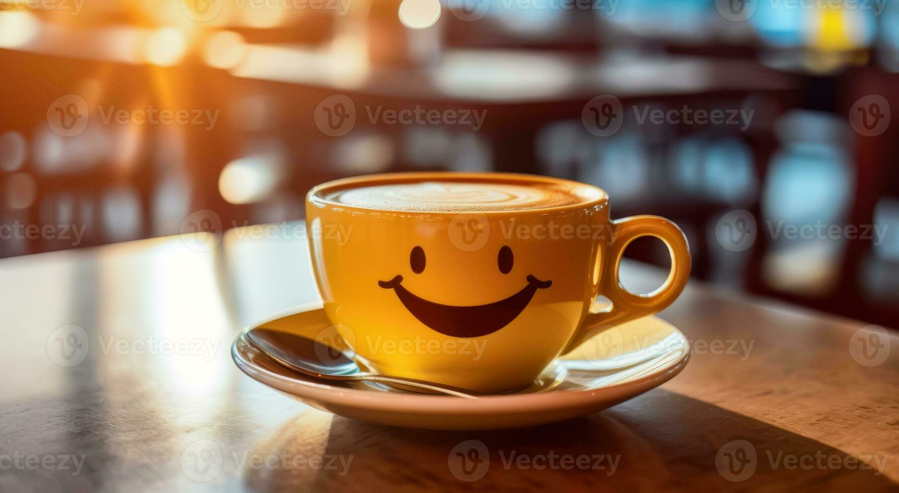 AI generated Emotive Elixir - Yellow Saucer with Smiling Face in Coffee Shop photo