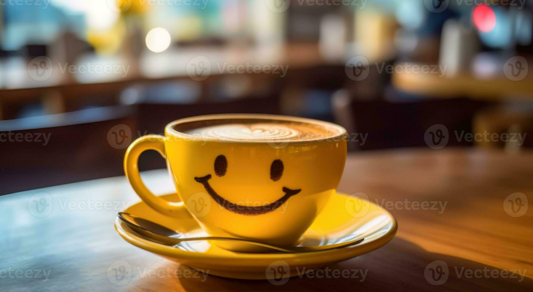 ai generado Mañana felicidad - amarillo café taza con sonriente cara emoticon foto