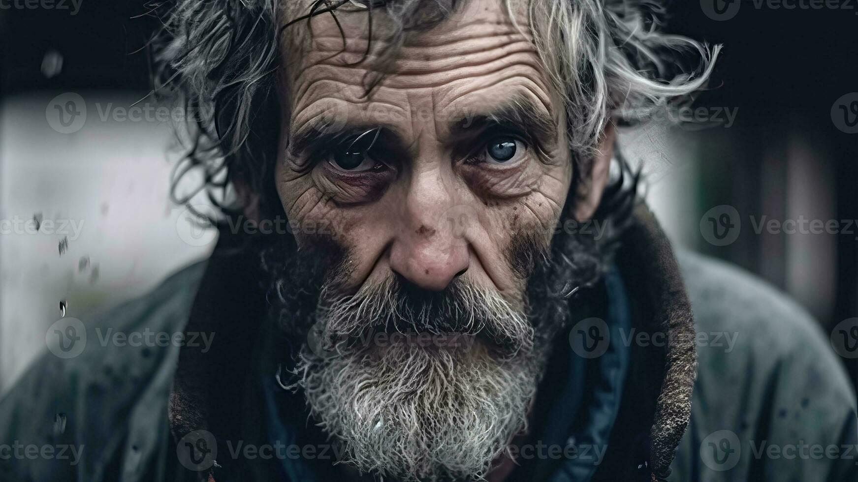 AI generated Expressions of Desolation - Close-Up on a Senior Homeless Face photo