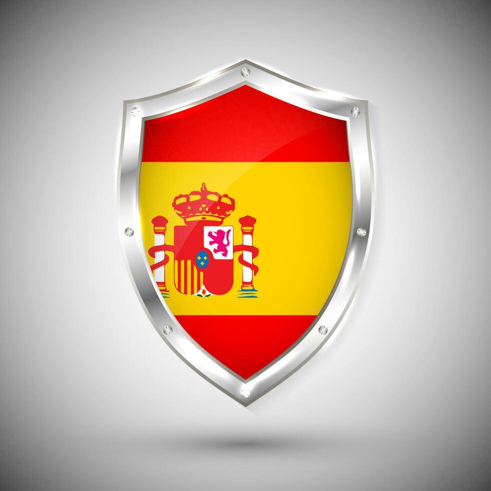 Spain flag on metal shiny shield vector illustration. Collection of flags on shield against white background. Abstract isolated object