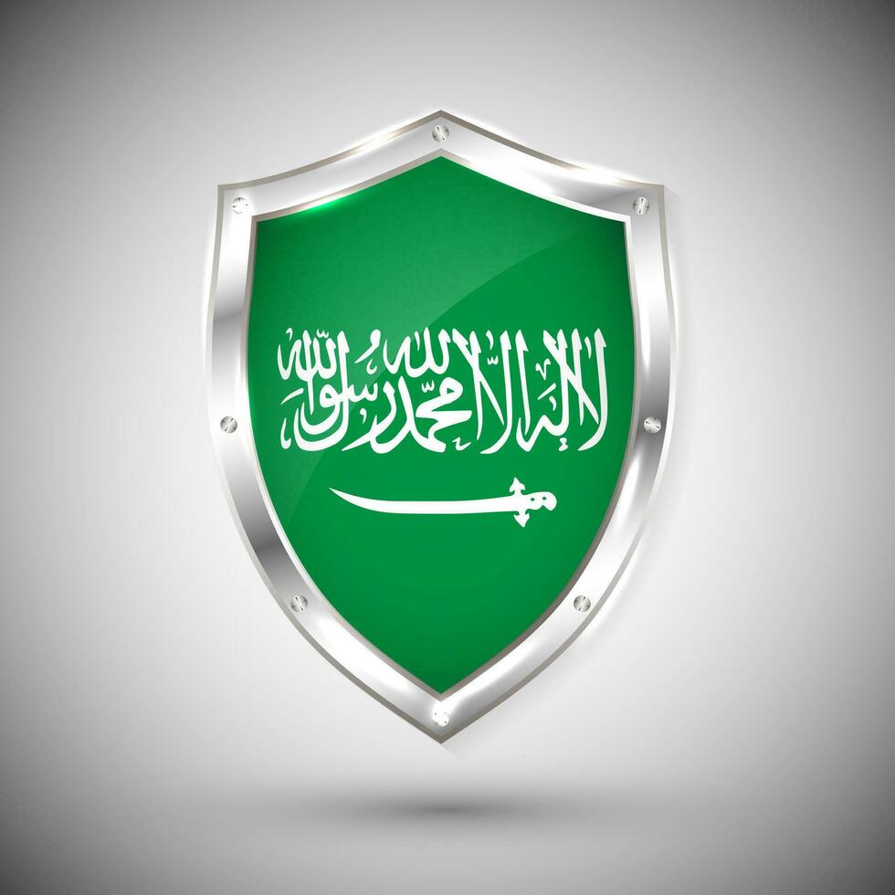 saudi arabia bandera en metal brillante proteger vector ilustración. colección de banderas en proteger en contra blanco antecedentes. resumen aislado objeto