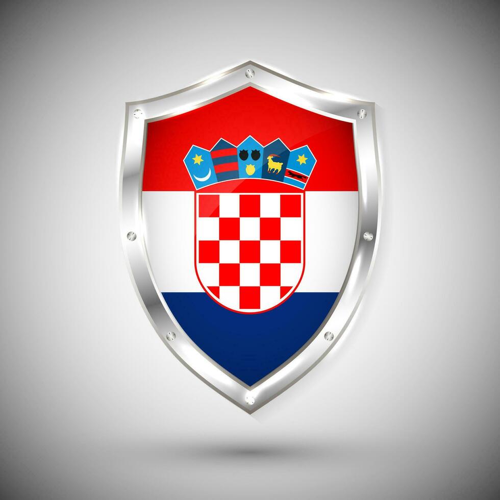 Croacia bandera en metal brillante proteger vector ilustración. colección de banderas en proteger en contra blanco antecedentes. resumen aislado objeto