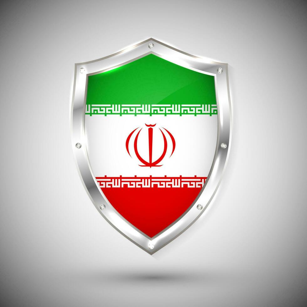 Iran flag on metal shiny shield vector illustration. Collection of flags on shield against white background. Abstract isolated object