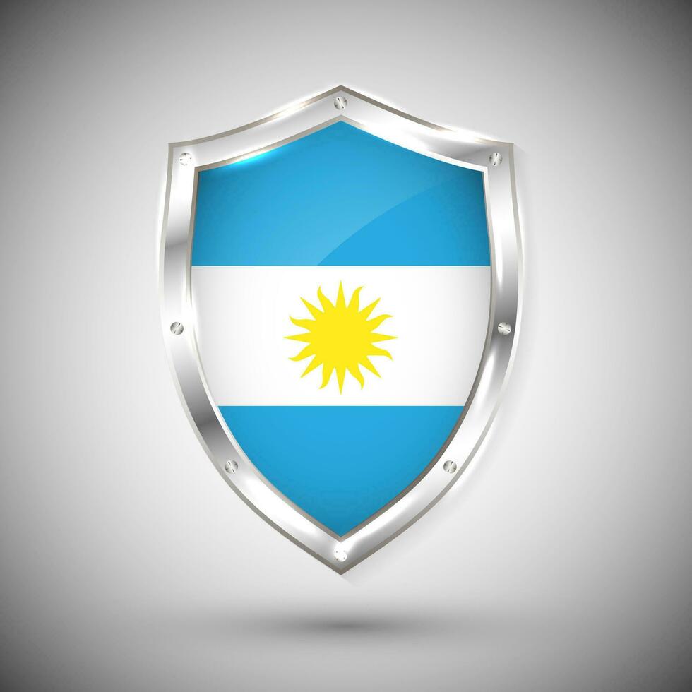 argentina bandera en metal brillante proteger vector ilustración. colección de banderas en proteger en contra blanco antecedentes. resumen aislado objeto