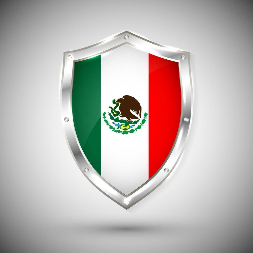 mexico bandera en metal brillante proteger vector ilustración. colección de banderas en proteger en contra blanco antecedentes. resumen aislado objeto