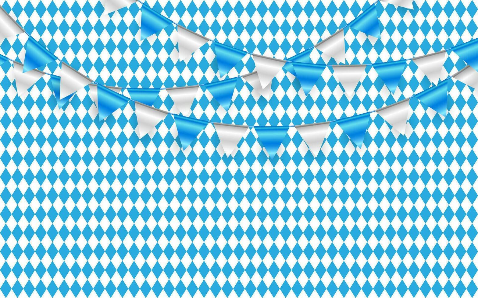 October fest Celebration party banner. Blue and white flag garland on blue abstract geometric background. Vector illustration