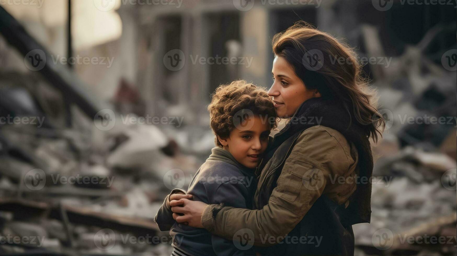 ai generado refugiados en crisis - adulto mujer abrazando niño en medio de la guerra caer foto