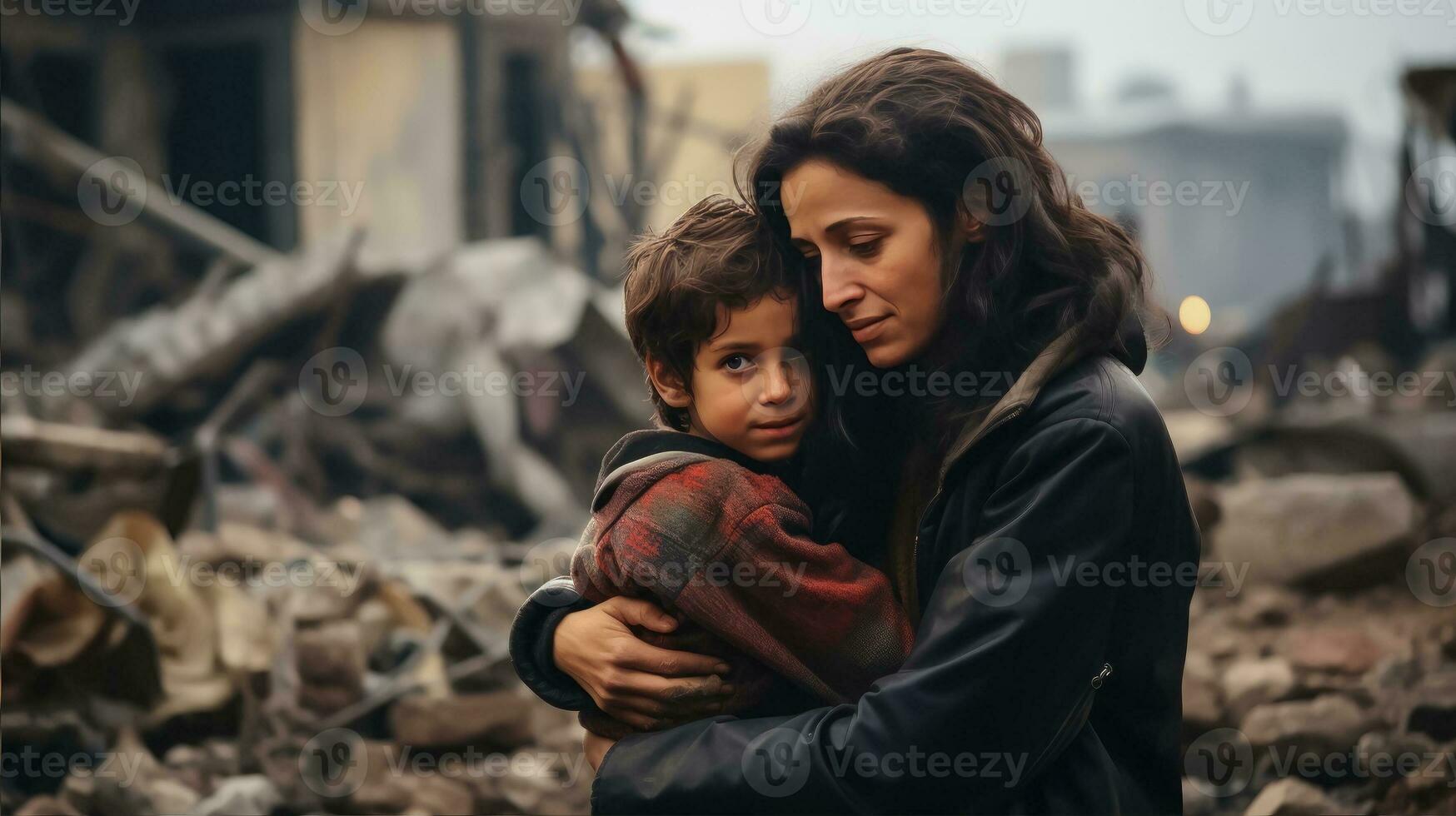 AI generated Heart-wrenching Embrace - Arab Mother and Child Amidst Ruins photo