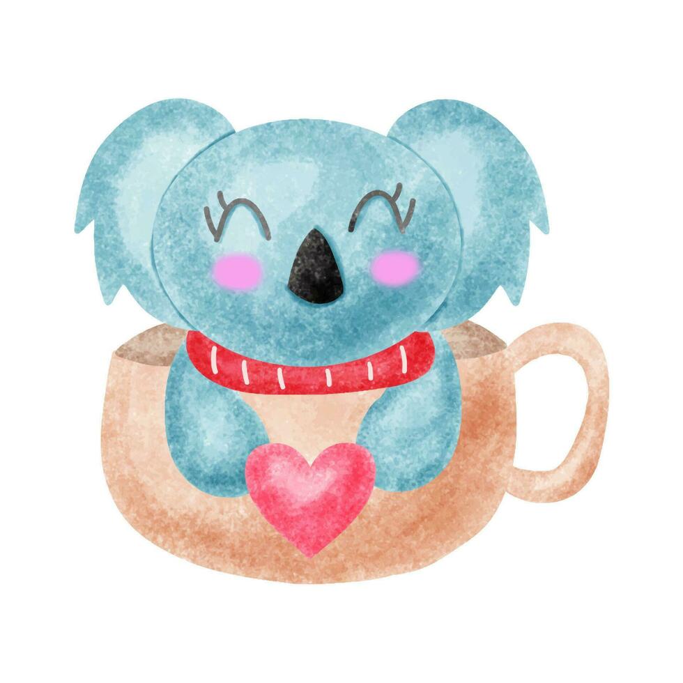 Valentine's day concept. Koala bears in a cup of coffee or tea isolated on white background. vector