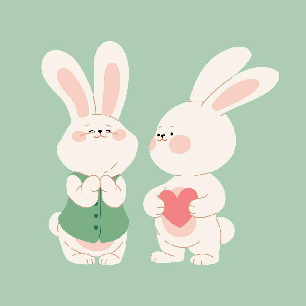 Cute couple of rabbits with a heart. Cartoon bunnies in love characters.  Kawaii hares for designing Valentine's Day, Birthday, and Easter card, sticker, banner, or package design. Vector illustration