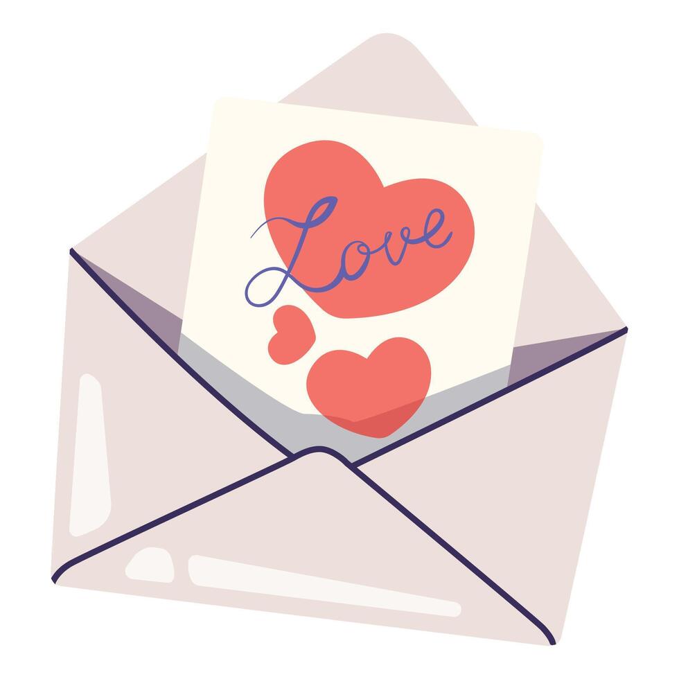 Valentines day open envelope with letter and hearts. Love letter with red hearts and text Love on paper. Flat vector illustration for greeting card, banners, flyers, invitations.