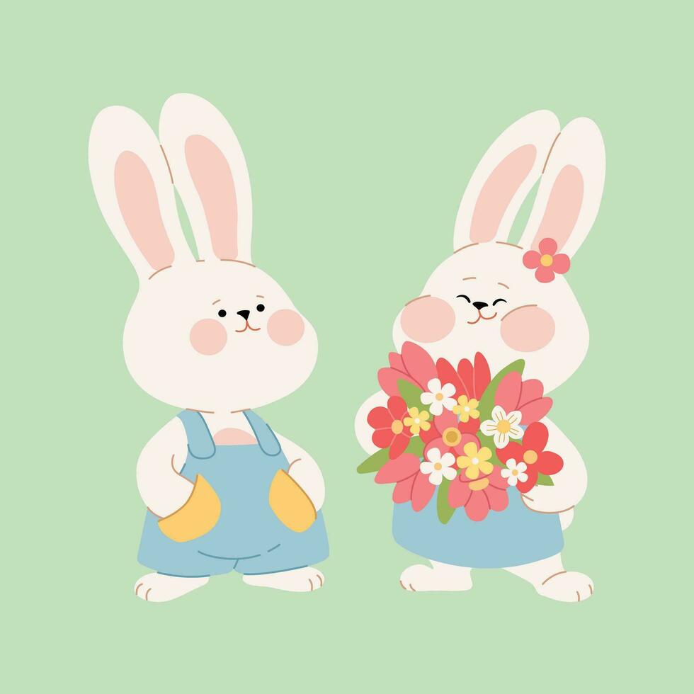 Cute couple of rabbits. Cartoon characters of the boy bunny and girl bunny in love. Kawaii hares for Valentine's Day, Birthday, or Easter card, sticker, banner, or package design. Vector illustration.