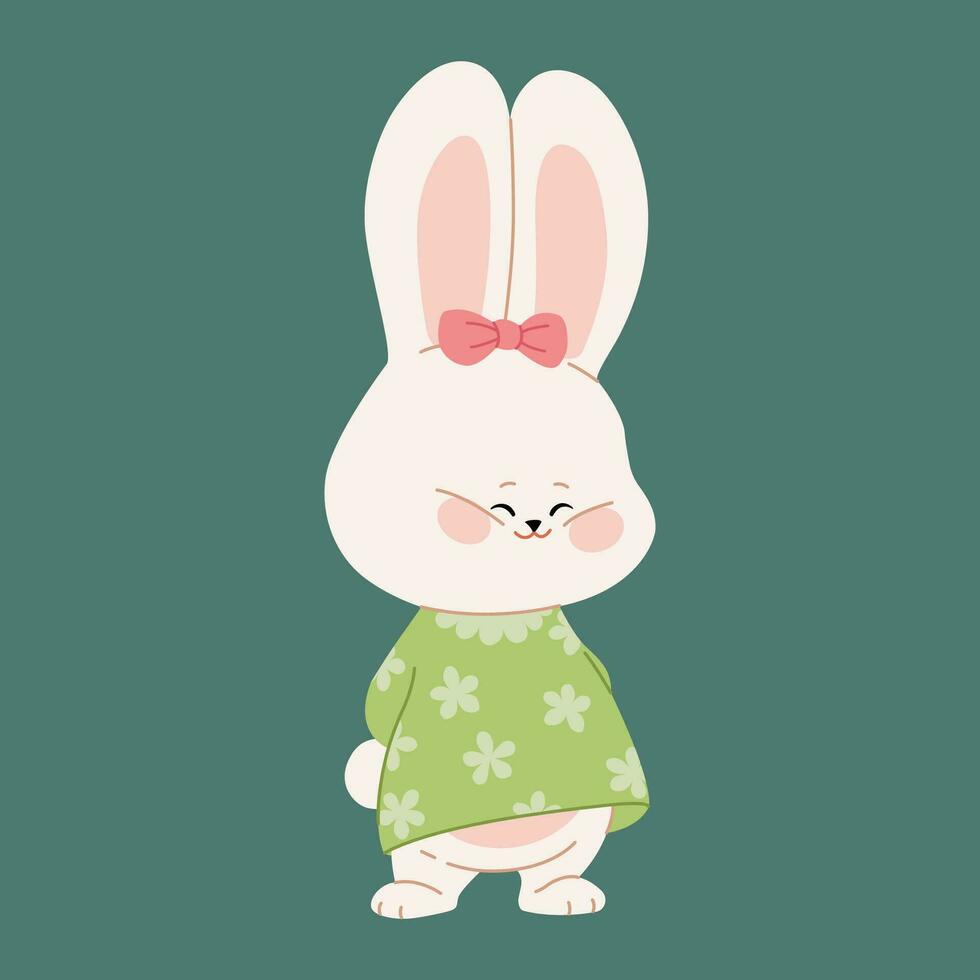 A cute happy shy bunny girl. Flat cartoon rabbit character for a Happy Valentine's Day, Easter, or Birthday greeting card, invitation, sticker, or banner. Vector illustration.