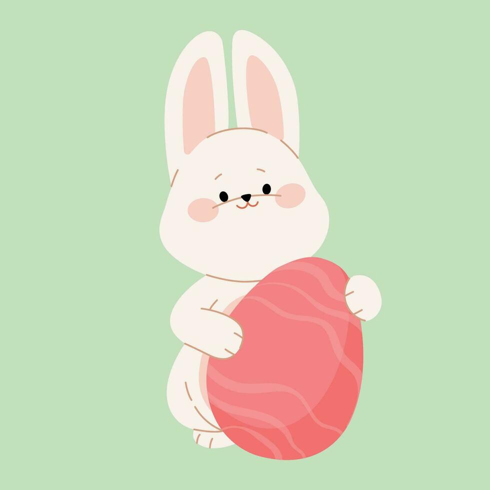 A cute white Easter bunny rabbit holds a red egg. Flat cartoon character for Happy Easter greeting card, invitation, sticker, web design, Easter banner. Vector illustration of Easter symbols.