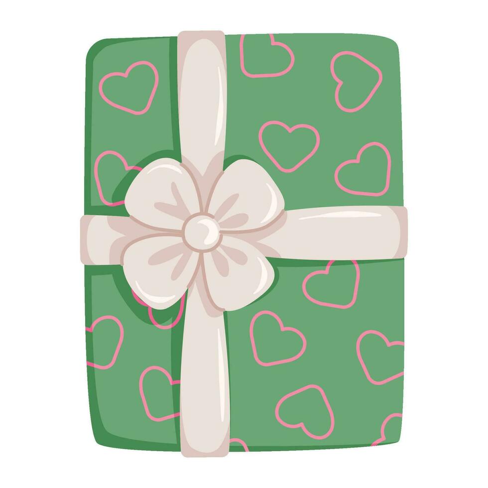 Valentines Day gift box. Green gift box decorated with white bow and pink hearts. Flat style illustration for banners, greeting cards, and packaging design. Vector illustration.