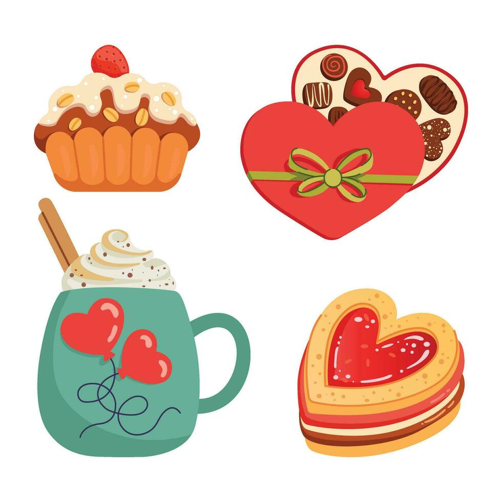 Valentines Day elements clipart. Cup with drink, cupcake, cookie, and heart shaped box with chocolates. Set of Cartoon style vector illustrations for greeting card, banner, sticker, and invitation.