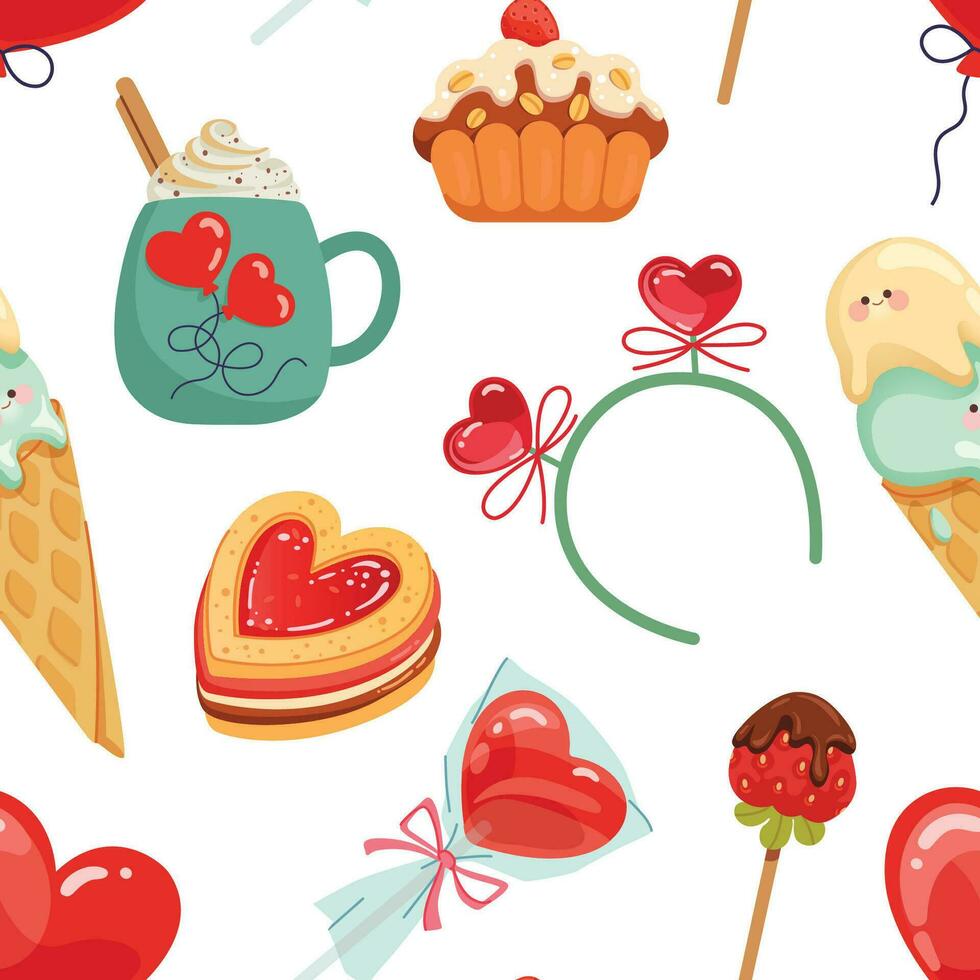 Seamless pattern for Valentine's Day with sweets and symbols of love on a white background. Balloon, headband, cookies, and other heart-shaped romantic elements for wrapping, packaging, card, banner. vector