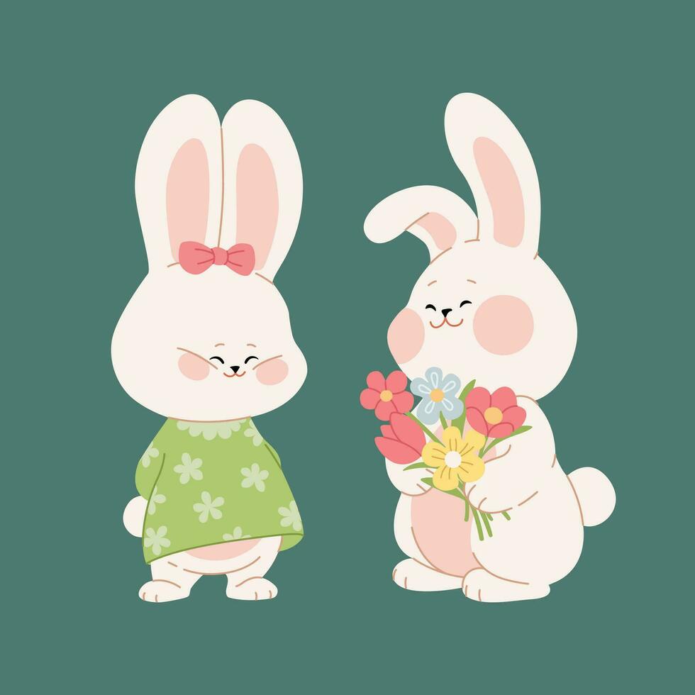Cute boy bunny gives flowers to the girl bunny. Cartoon characters of a couple of rabbits. Kawaii hares for Valentine's Day, or Birthday card, sticker, banner, or package design. Vector illustration.