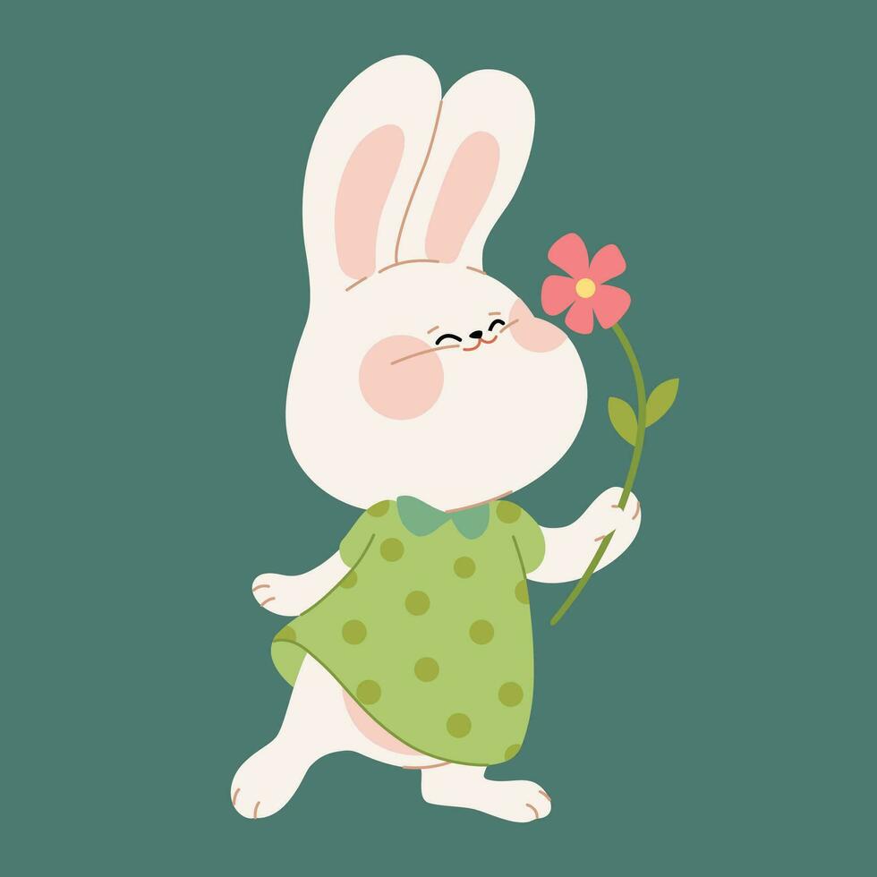 un linda blanco conejito niña sostiene un flor ramo. plano dibujos animados Conejo personaje para un contento San Valentín día, Pascua de Resurrección, o cumpleaños saludo tarjeta, invitación, pegatina, o bandera. vector ilustración.