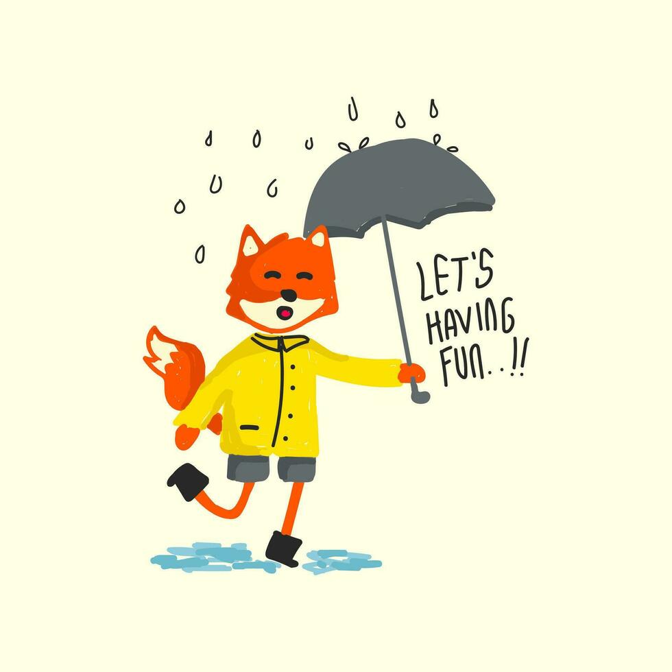 Cute fox playing in the rain vector illustration for for fabric, textile and print