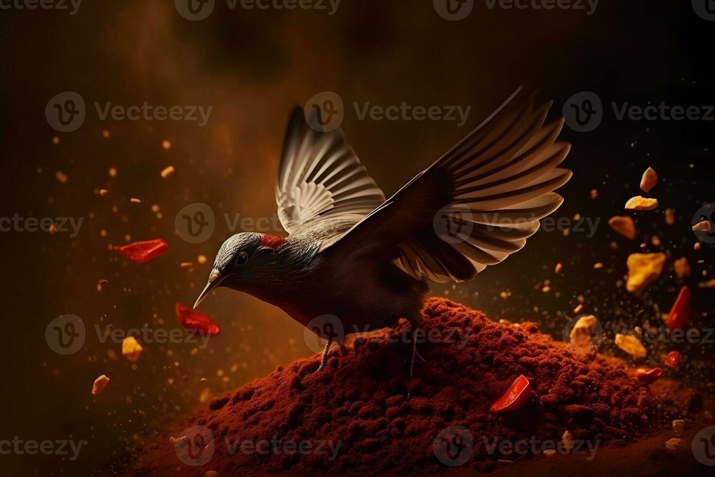 AI generated Bird and piece of dark chocolate on cocoa powder. Neural network AI generated photo