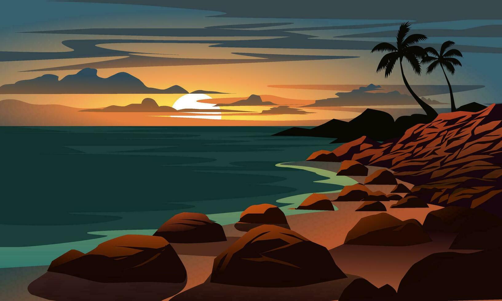 playa puesta de sol paisaje con rocas vector