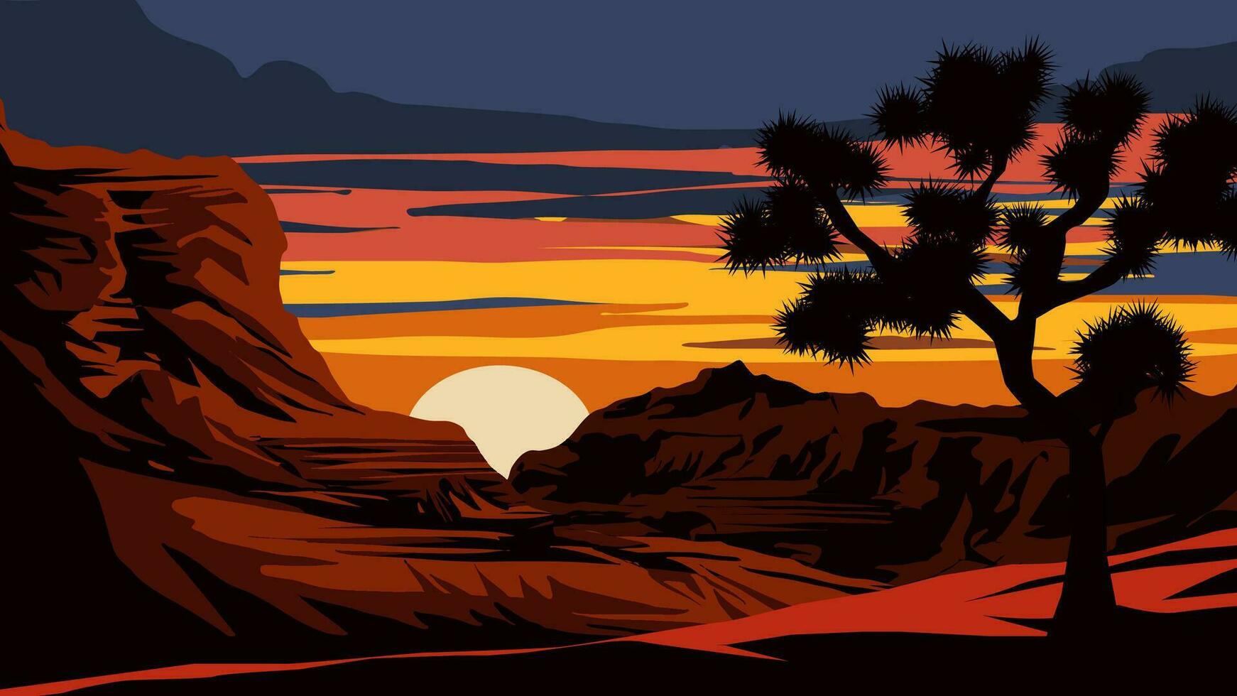 Desierto puesta de sol con Joshua árbol silueta vector