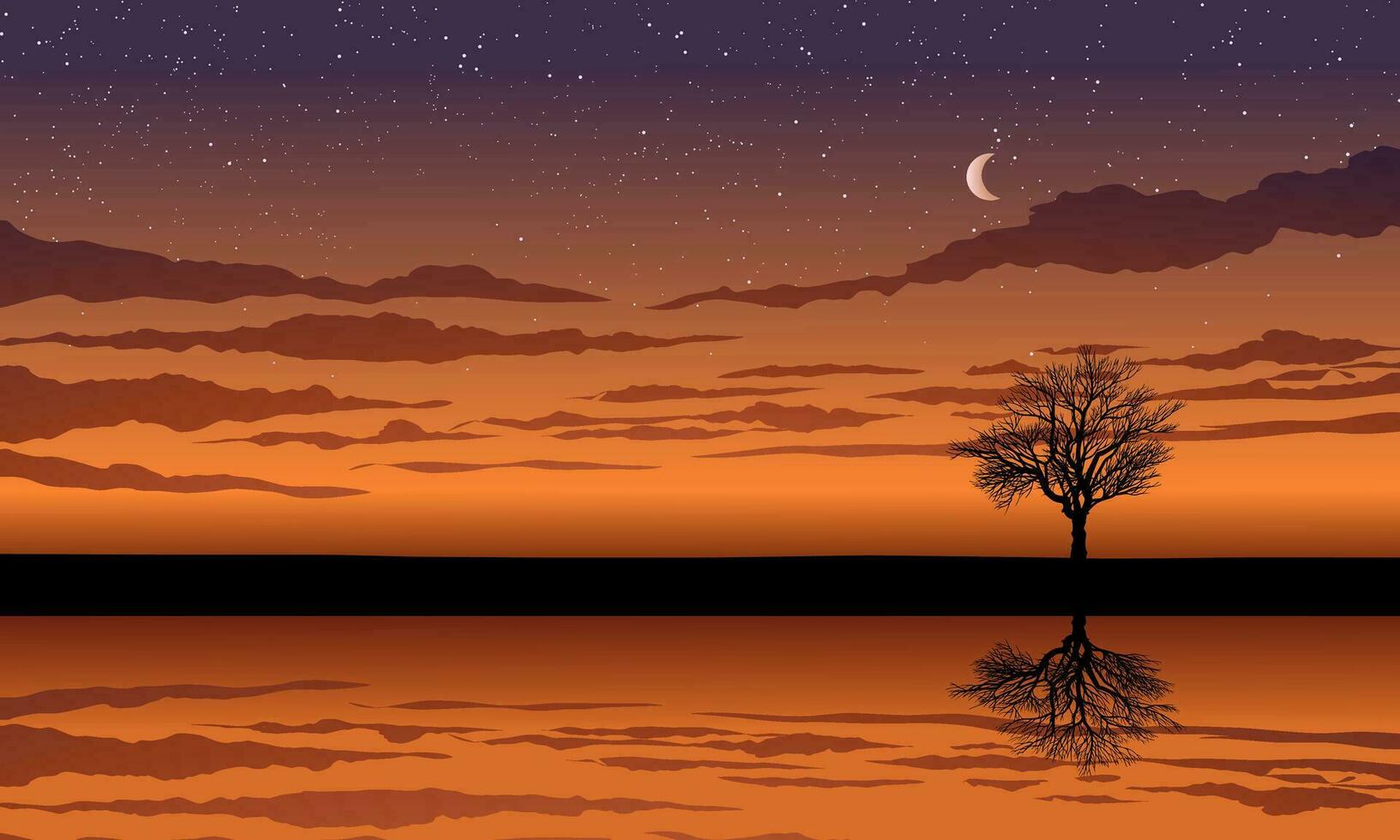 puesta de sol cielo antecedentes con árbol silueta y Luna vector