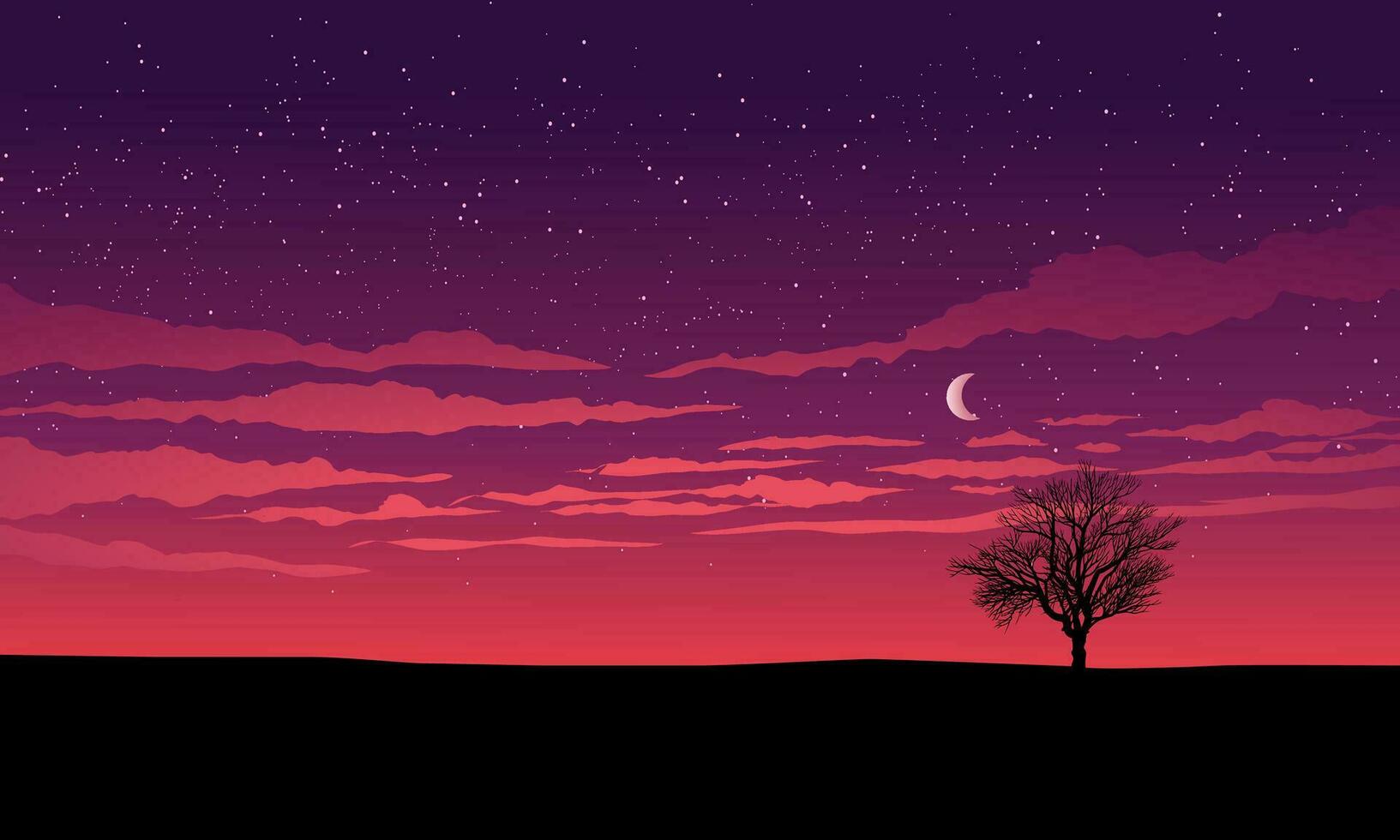 Starry night sky background with tree silhouette and moon vector