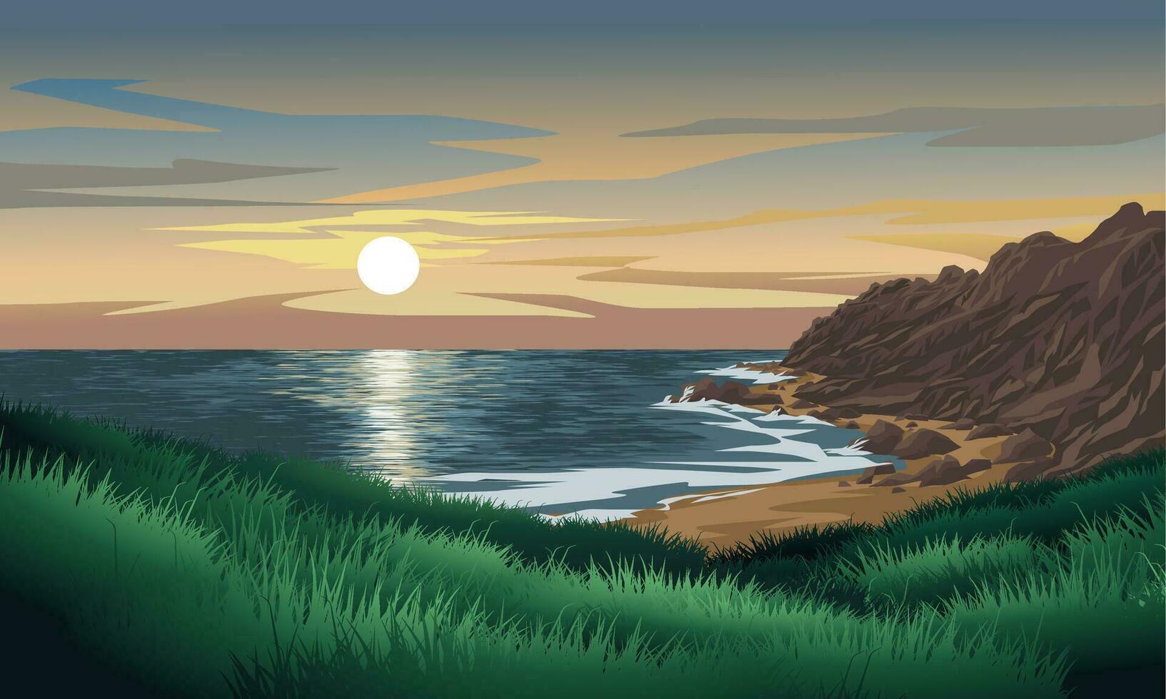 Beautiful coast sunset landscape with rocks and grass vector