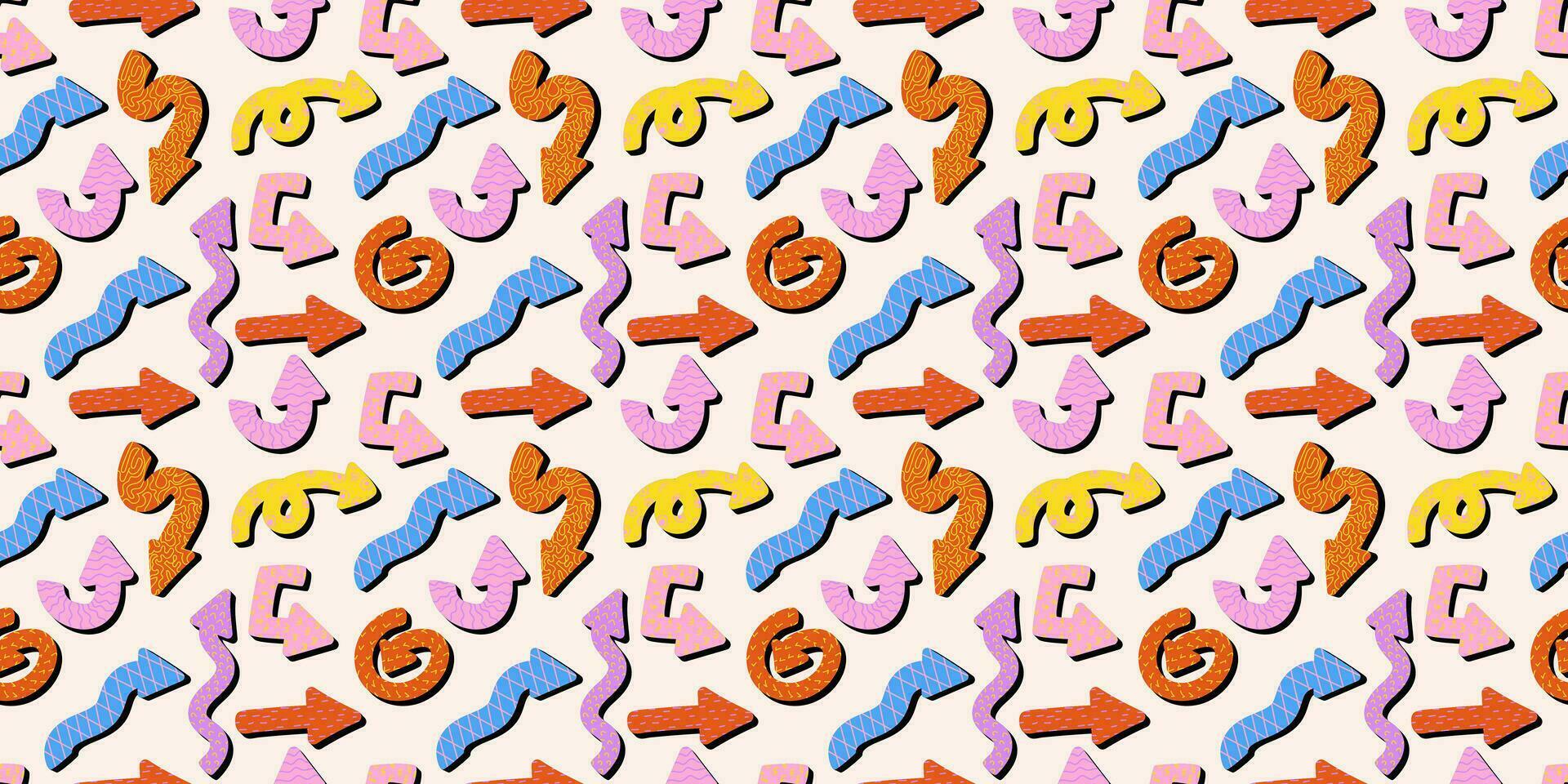Colorful playful arrows seamless pattern in trendy style with vector texture. Dynamic arrow signs for design