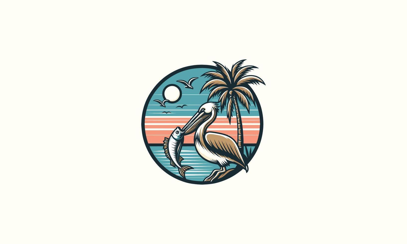 pelican on sea and palm vector illustration logo flat design