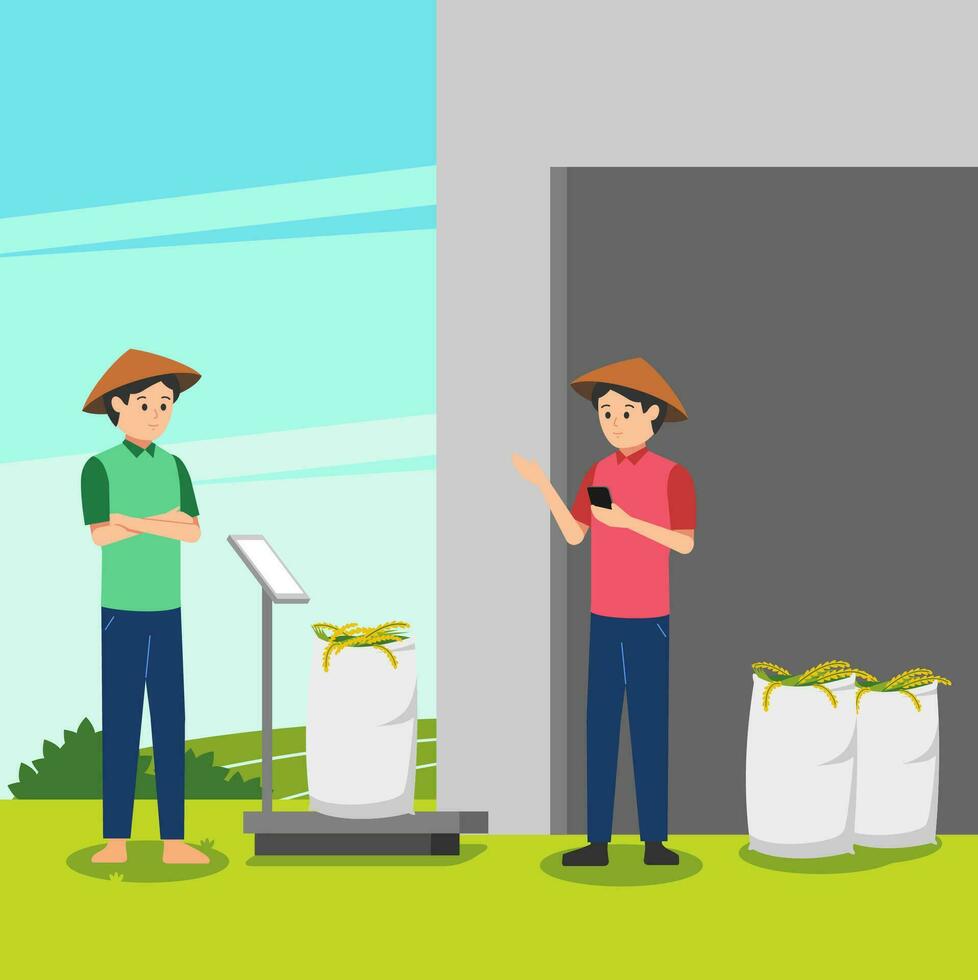 Farmers weigh their crops for sale vector