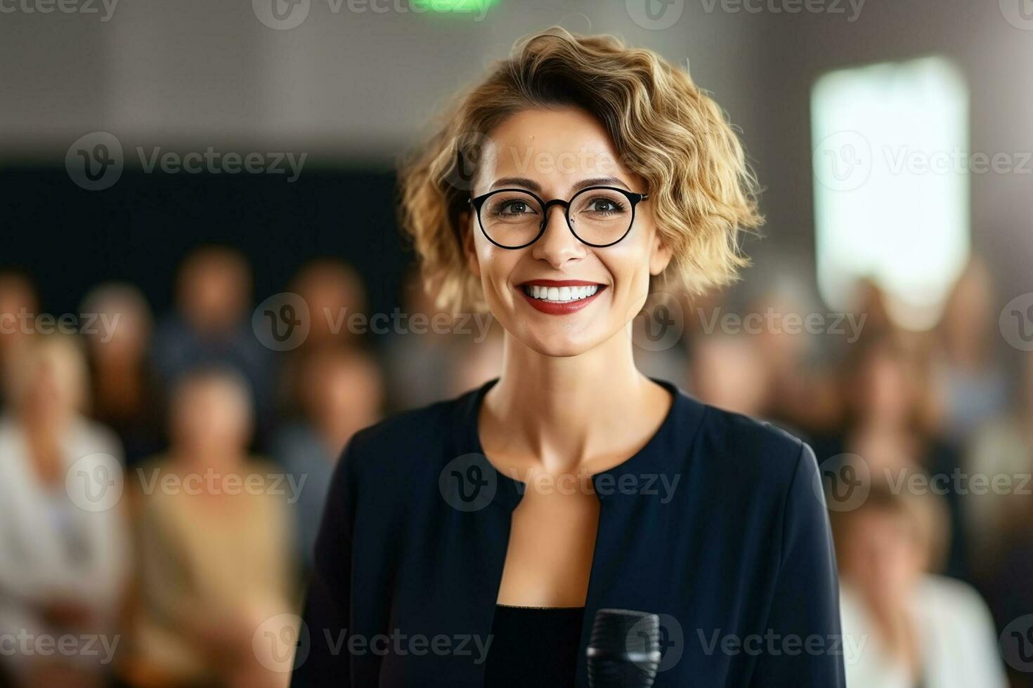 AI generated Female speaker giving a talk on corporate business conference. Unrecognizable people in audience at conference hall. Business and Entrepreneurship event photo