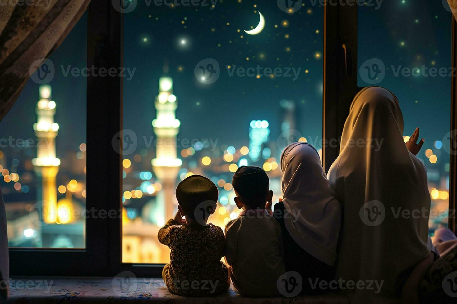 AI generated Ramadan Kareem greeting. Family at window looking at Islamic city with mosque skyline photo