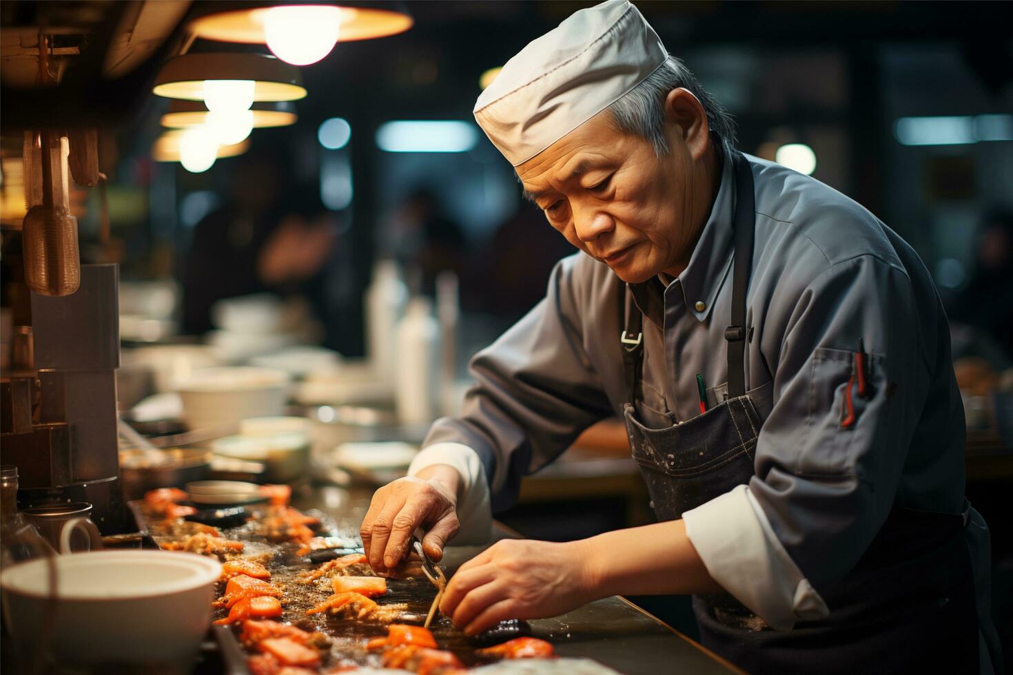 AI generated Busy-Japanese-restaurant.The workers are working photo