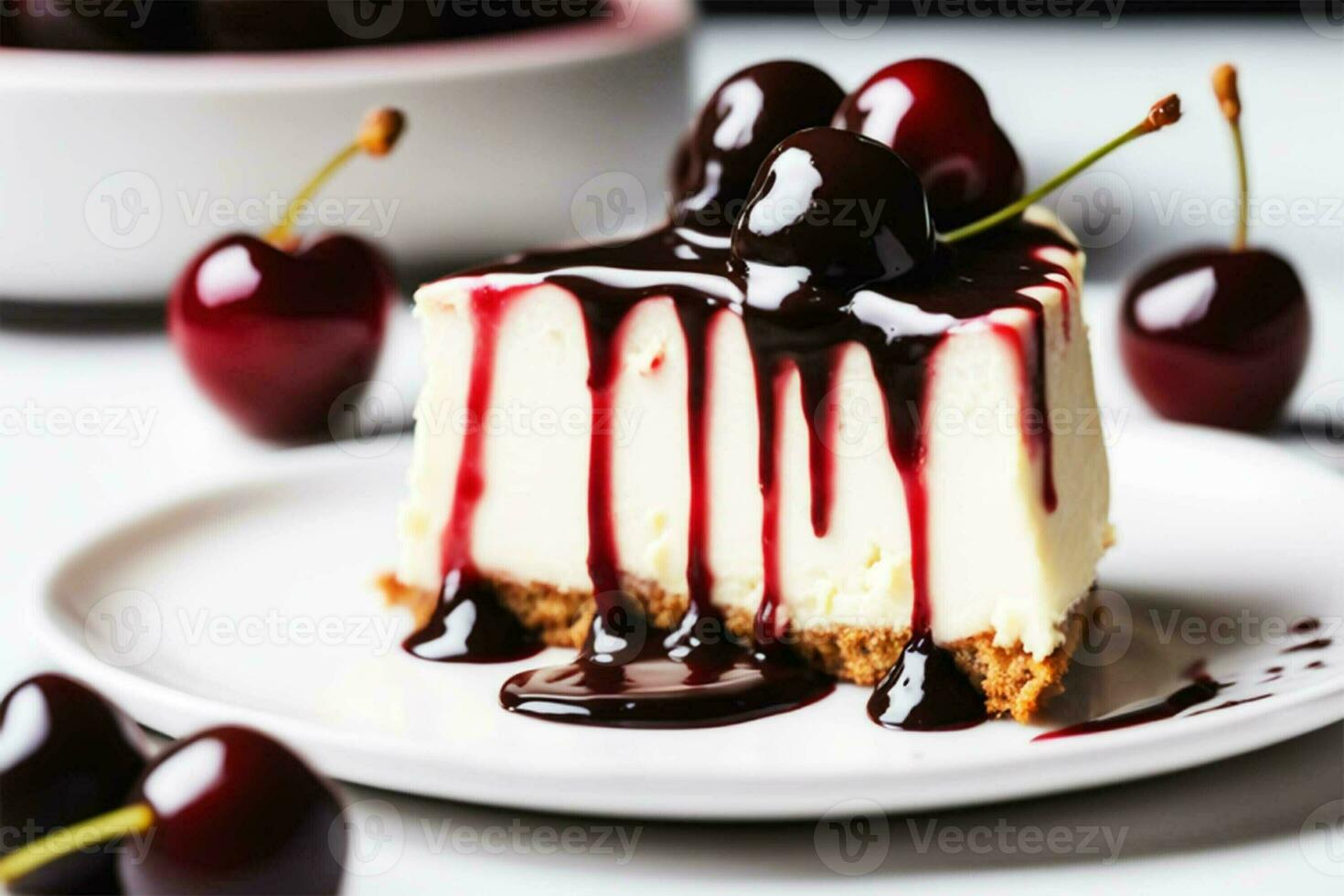 AI generated Cheesecake with cherries and chocolate topping on a white plate on a light background. Delicious dessert close-up. photo