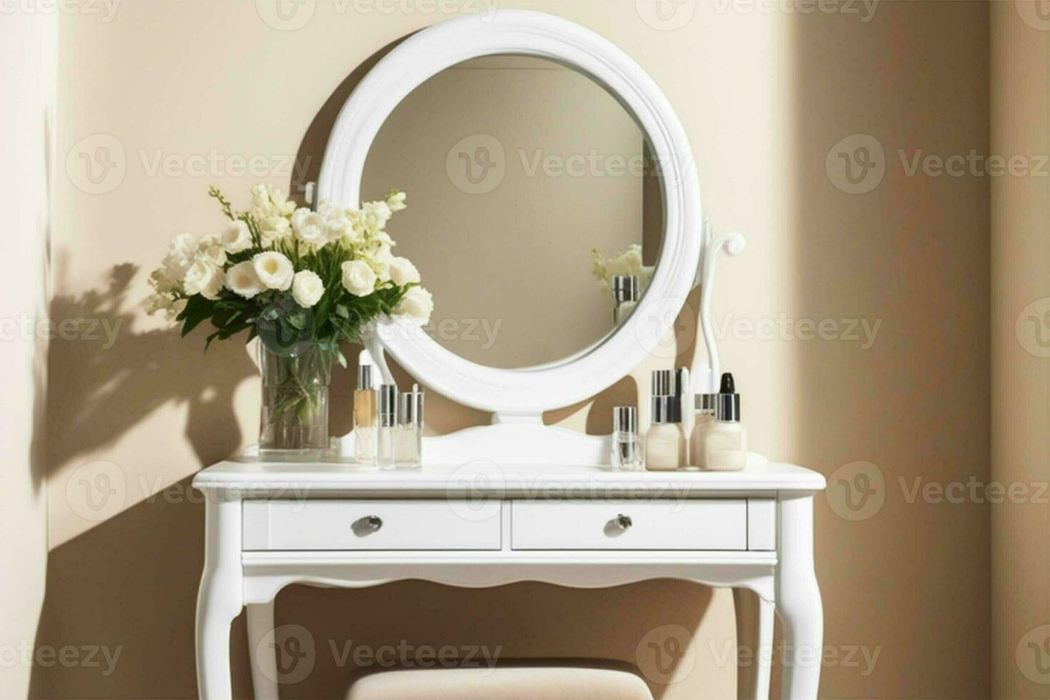 AI generated Boudoir women's white table for makeup and hairstyle with a bouquet of flowers and a mirror on the background of a beige wall. Classic style of furniture for a woman's bedroom. photo