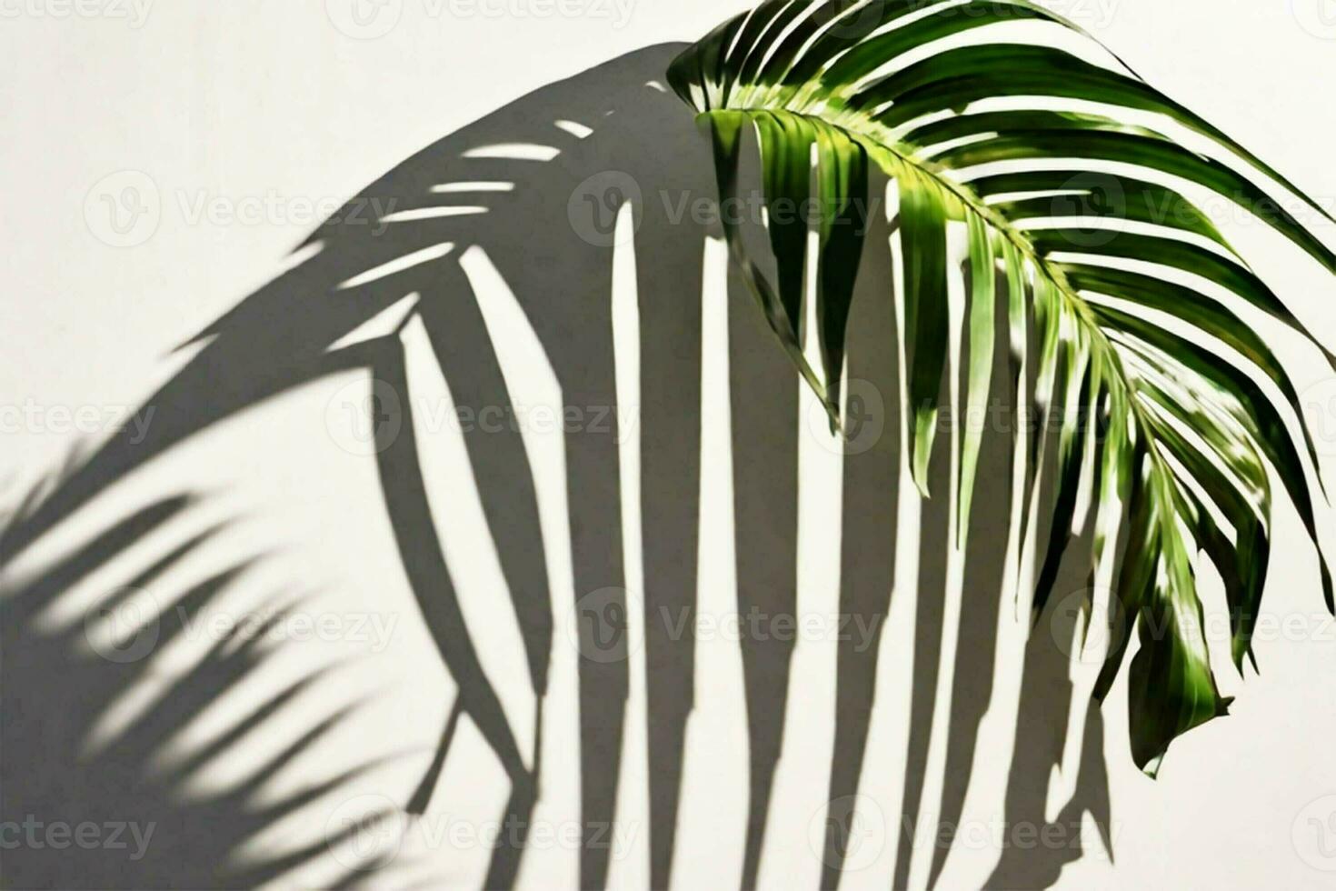 AI generated Palm green leaf with gray sharp shadows against a white wall. Beautiful decorative tropical background. photo
