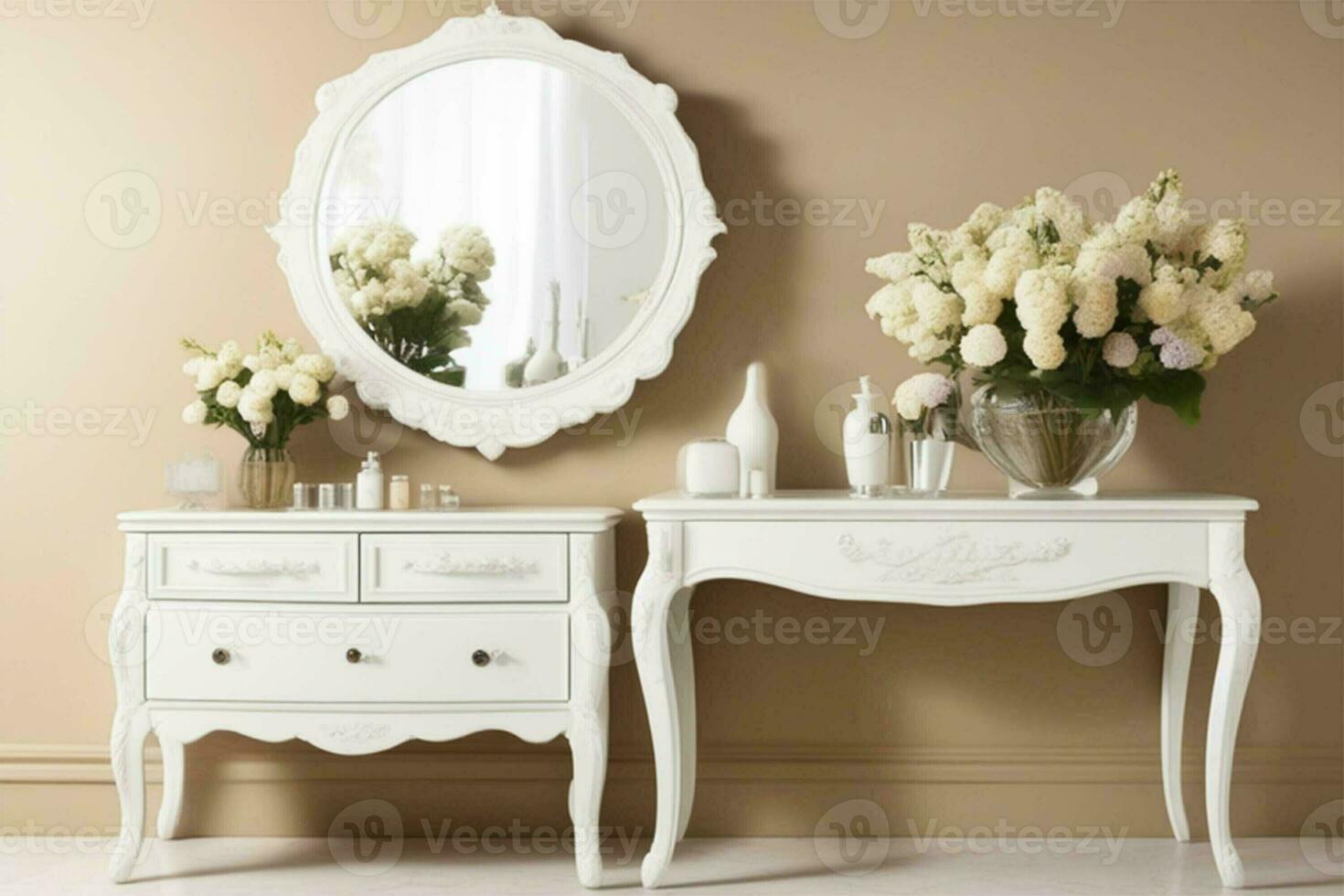 AI generated Boudoir white table with a bouquet of flowers and a mirror against a beige wall. Bedroom interior elements. A place to create makeup and hairstyles for women. photo