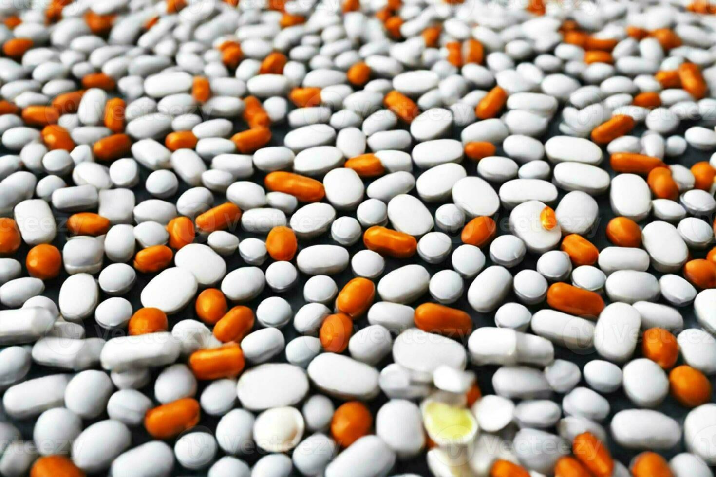 AI generated A lot of white and orange pills, capsules with medical drugs. Concept - pharmacology, pharmacy, treatment, disease prevention photo