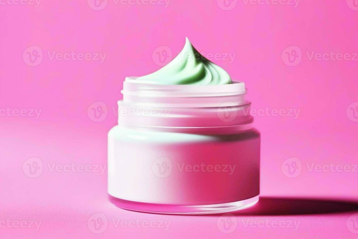 ai generado abierto tarro con blanco cara crema en un rosado antecedentes. piel cuidado productos cosméticos. foto