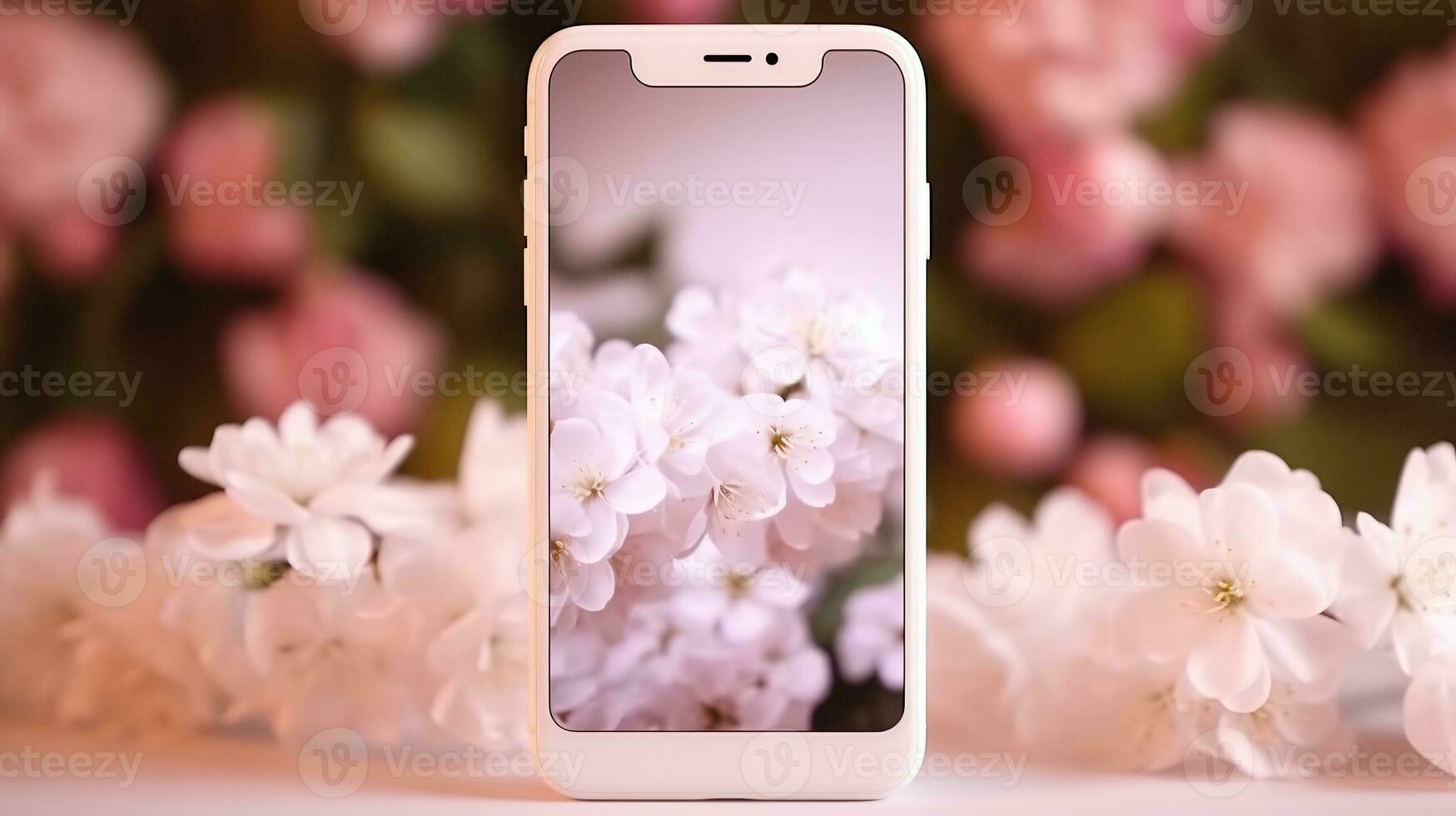 Smart phone mock up screen on pink pastel flowers white floral feminine spring background photo