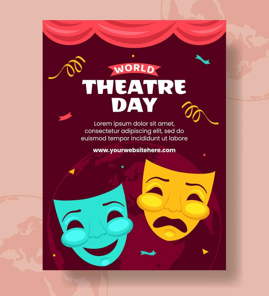 Theatre Day Vertical Poster Flat Cartoon Hand Drawn Templates Background Illustration vector