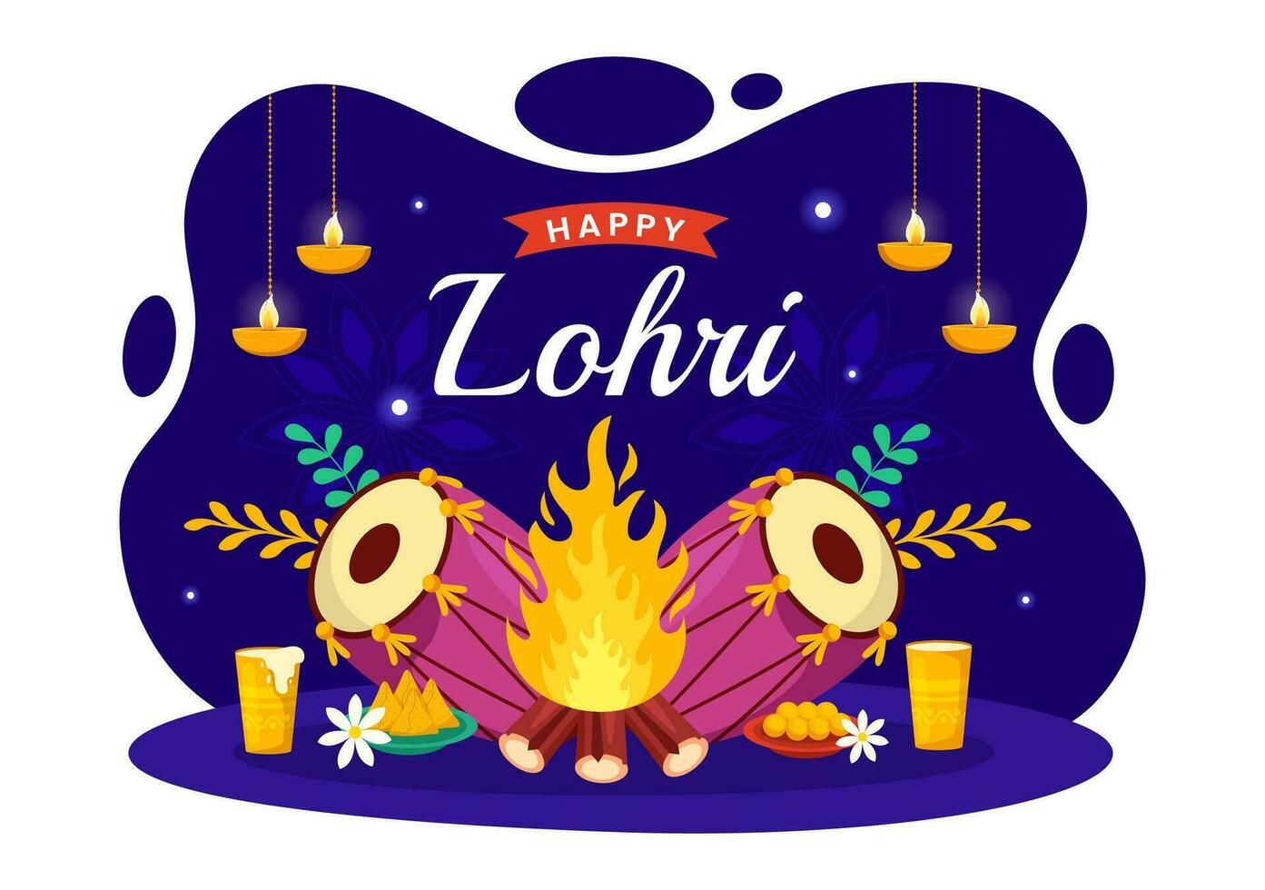 Happy Lohri Festival of Punjab India Vector Illustration of Playing Dance and Celebration Bonfire with drums and kites in Flat Cartoon Background