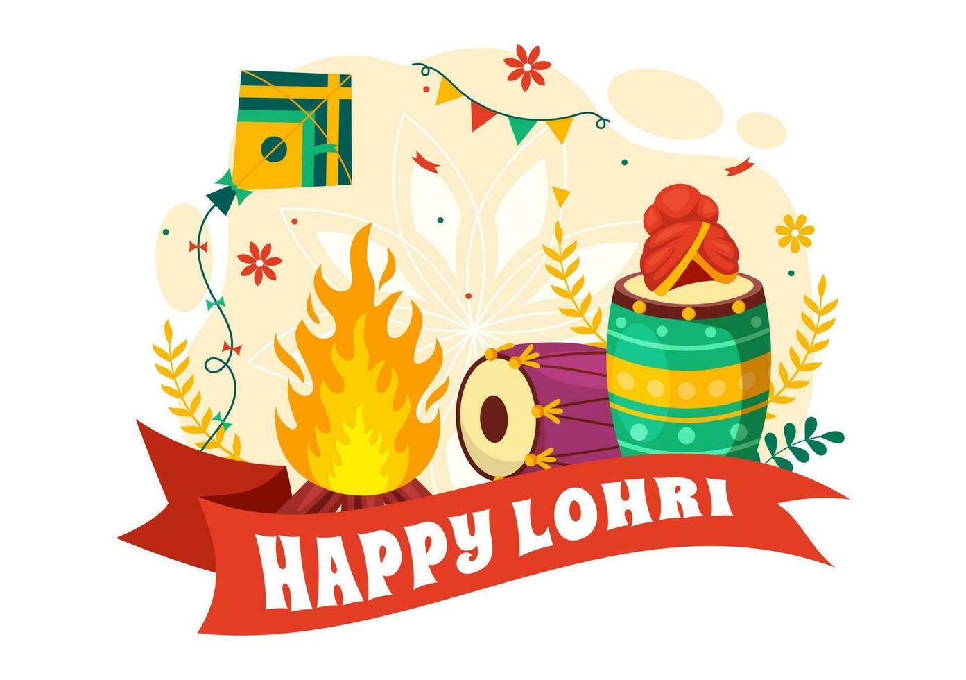 Happy Lohri Festival of Punjab India Vector Illustration of Playing Dance and Celebration Bonfire with drums and kites in Flat Cartoon Background