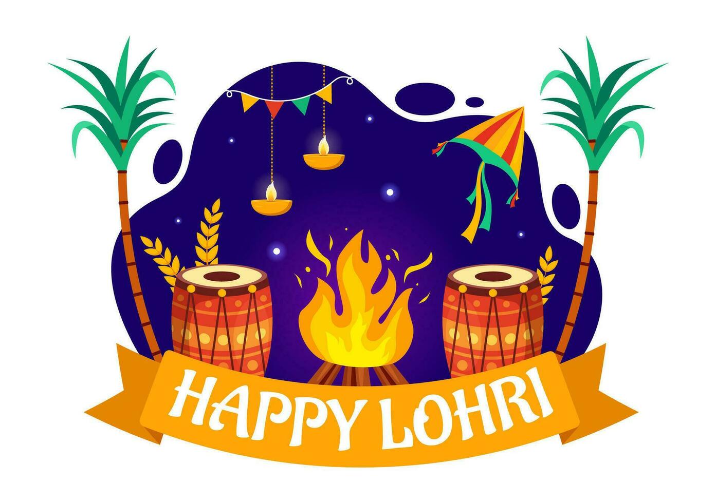 Happy Lohri Festival of Punjab India Vector Illustration of Playing Dance and Celebration Bonfire with drums and kites in Flat Cartoon Background